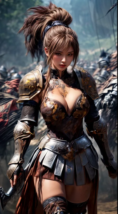 Very beautiful woman、Very tall woman、((muscle))、(Detailed face)、Realistic Skin、((Knights of the Earth)), (((Light brown and black armor:1.25)))、((((Very detailed and decorated dark brown armor.:1.5))))、((Delicate photo))，(Girl Astepeace RAW Photo Details:1...