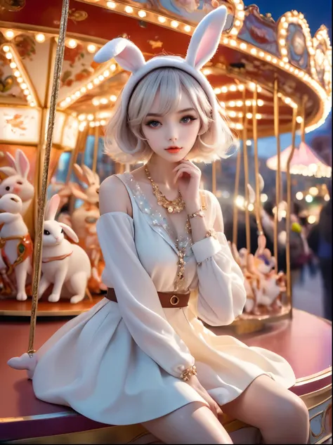  Wide-angle lens, Woman wearing fashionable spring clothes，Woman enjoying carousel at night，emaciated，Serious expression，short hair，Deadly pose，Gorgeous necklace, Light milky porcelain skin, smooth, Crystal clear skin, Enchanting anime girl, Beautiful and ...