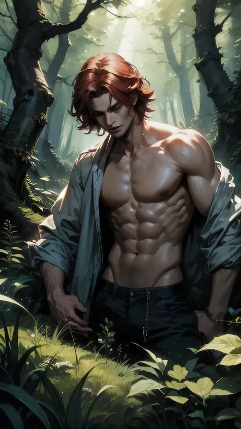 Hot tall male, red hair and blue eyes, shirtless On the dark woods, Magically Mysthically detailed, with glowing butterfly, ((wonderland theme)) ((fixed light composition))