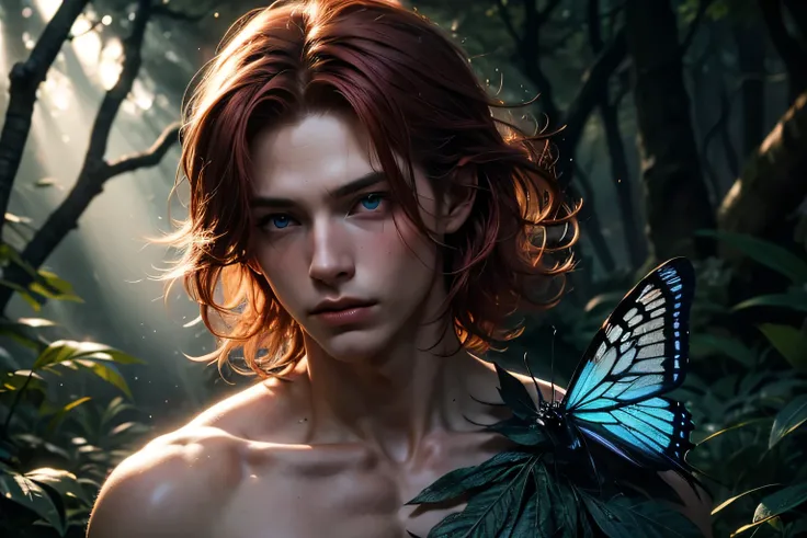 Hot tall male, red hair and blue eyes, shirtless On the dark woods, Magically Mysthically detailed, with glowing butterfly, ((wonderland theme)) ((fixed light composition))