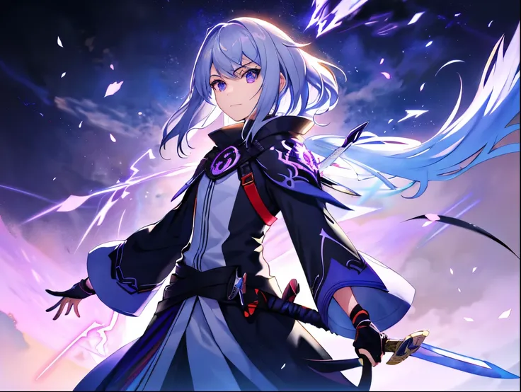 colorful, One girl, Gray Hair, Purple eyes, Two-Way, sword, holdingsword, Blue Flame, shine, Glowing Weapons, Particles of light, wallpaper, Color Difference，Film & Television Grades，Big Background，Letters are small