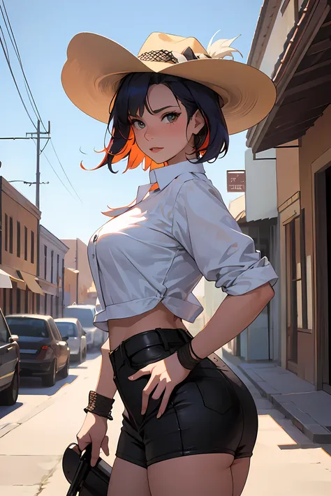 Masterpiece, best quality,  hot 25-year-old cowgirl with bright hair, she is wearing a cancan fishnet and a cowboy hat, she looks very nervous as she stands in an old western town, she holds a revolver up to her hat