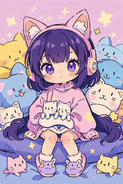 Cat Girl, Solo, Fluffy clothes, Sweaters, sleeves, sox, Slippers, Pastel colors, (Purple, Blue, Pink, yellow), Cozy, Dreamy, Stars, a sticker, Bubbles, Glitter, brilliance, plushies, headphones,most beautiful girl ever、Chibi, Colorful bob hair