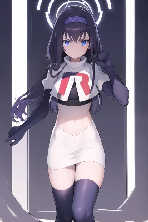 uidef, violet blue eyes,headband,team rocket,team rocket uniform,white skirt,red letter r,crop top,black thigh-highs,black elbow...