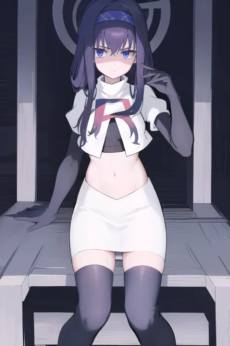 uidef, violet blue eyes,headband,team rocket,team rocket uniform,white skirt,red letter R,crop top,black thigh-highs,black elbow gloves, looking at viewer, moody lighting, facing viewer,expressionless,sanpaku,