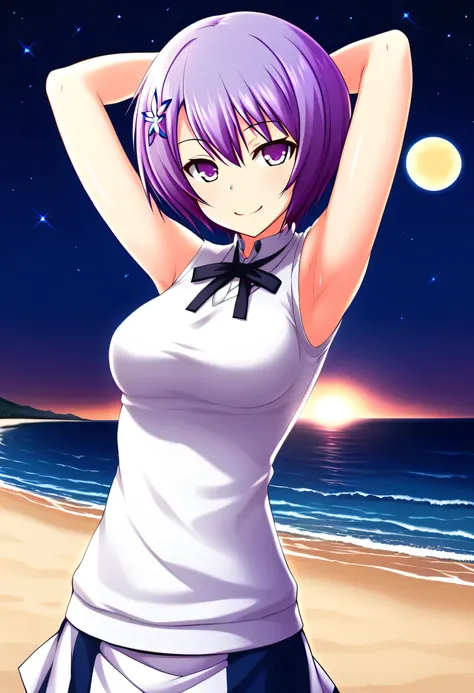 shiina miyako, purple hair, short hair, purple eyes, hair ornament, , short sleeves, white sweater vest, white shirt, white skir...