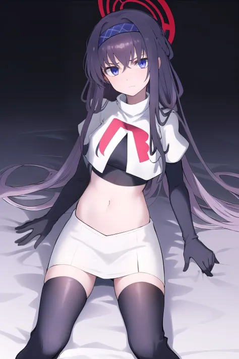 uidef, violet blue eyes,headband,team rocket,team rocket uniform,white skirt,red letter r,crop top,black thigh-highs,black elbow...