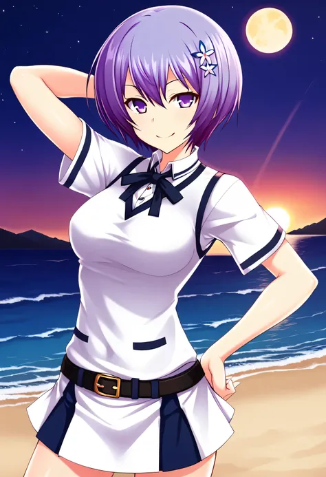Shiina Miyako, purple hair, short hair, purple eyes, hair ornament, , short sleeves, white sweater vest, white shirt, white skirt, neck ribbon, black ribbon, high quality, solo, night sky, beach, arm behind head, hand on hip, contrapposto, closed mouth, sp...