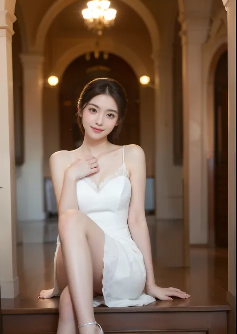 Beautiful 25 year old  skinny woman。Her legs length are very very long and beautiful .She is wearing a wedding dress. She is posing that like classical dance and smiling on illuminated by the evening church lights on the romantic sunset time.  her dark bro...