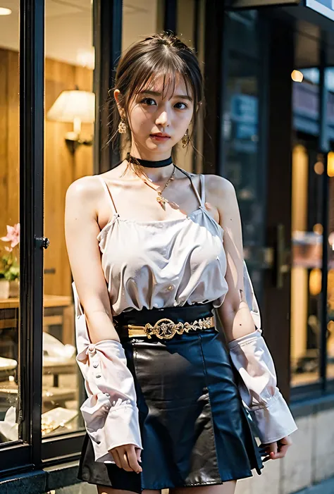 Night cityscape、Outward curling hair、Twisting the skirt with both hands、Tie your hair up、Ginza at night、Colorful illumination、Fluttering Hair、Thin silver choker。（（Neon city at night、Light brown hair:1.4））、Checked Skirt、No sleeve、Outdoor Shot、Cute clothes、T...