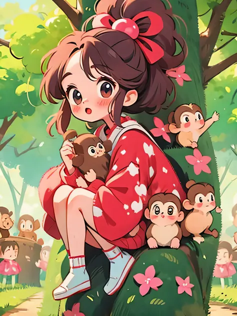 momoko sakura style, kawaii design, the most beautiful girl of all time、chibi, monkey, playing、monkey forest