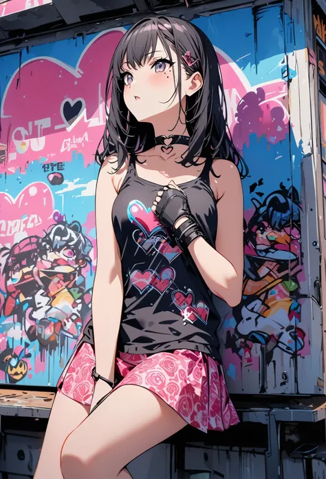 Graffiti Art、Positive Space、Silk Screen、Asymmetric、One Girl、Black tank top、pink pattern mini skirt、Heart-shaped choker、Cute mole under eye、Super detailed、Super detailedな背景、16k、