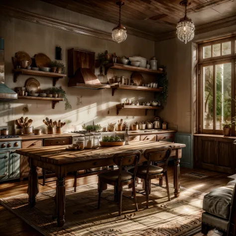 a charming kitchen with a rustic yet elegant feel. use distressed wood cabinets, a vintage stove, and a large farmhouse table wi...