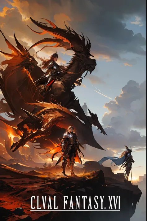 score_9, score_8_up, score_7_up,arafed image of a knight standing on a cliff with a giant dragon in the background, dragon ff xvi, clive rosfield,final fantasy,