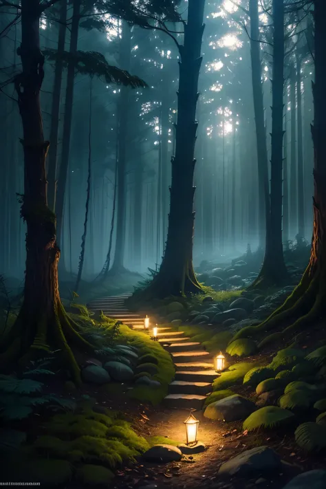 A magical forest scene at twilight, with bioluminescent plants softly glowing in the underbrush and the last light of day casting long shadows through the trees."