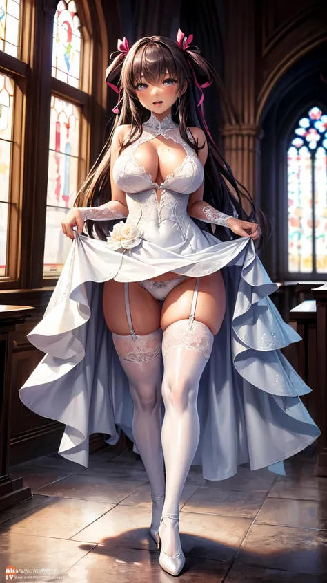 highest quality,masterpiece,8k,1girl,((big breasts:1.3)),orgasm,blush, sweat,mini skirt,lift skirt,upskirt,white panties,Mizuki Yukikaze,hair ribbon, ((wedding dress)), black thighhighs,church