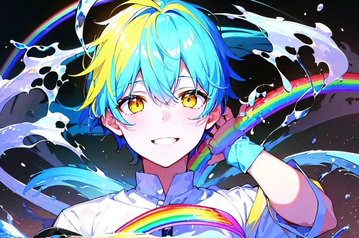 [(GALAXY BACKGROUND:1.5),::5], ((((masterpiece)))), high quality, very_high_resolution, large_filesize, ((upper body)), full color, ((younger boy)), 13 old year, short WHITEblue hair, vivid color, ((yellow eye)), Summer clothes white, animestyle, smile, (R...