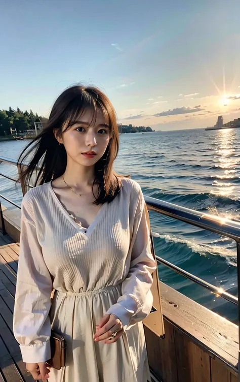 Tie your hair、Hair blowing in the wind、The sky was dyed red、A woman in casual clothes is watching the sunset from a boat、Her huge breasts are obvious even through her clothes.、The shining sun is so beautiful、Dusk is coming、Lens flare、I can see the sun sett...