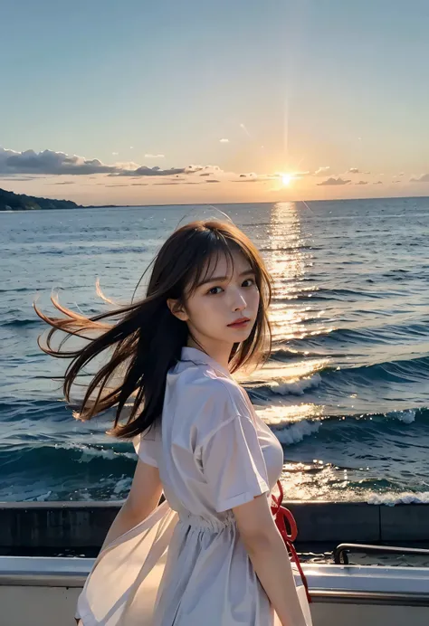 Tie your hair、The wind is blowing、Red sunset、Hair blowing in the wind、The sky was dyed red、A woman in casual clothes is watching the sunset from a boat、Her huge breasts are obvious even through her clothes.、The shining sun is so beautiful、Dusk is coming、Le...