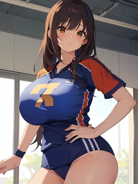 Anime girl wearing a volleyball uniform and holding a volleyball ball, tits, nishimiya shouko, Wearing a volleyball jersey, marin kitagawa fanart, tits proportions, Hinata Hyuga, On pixiv, makoto kano, biomechanical tits, nagatoro, Yoshitomo Nara, by Kobay...