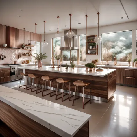 contemporary chic kitchen featuring white quartz countertops, walnut wood cabinets, pastel pink barstools, stainless steel appli...