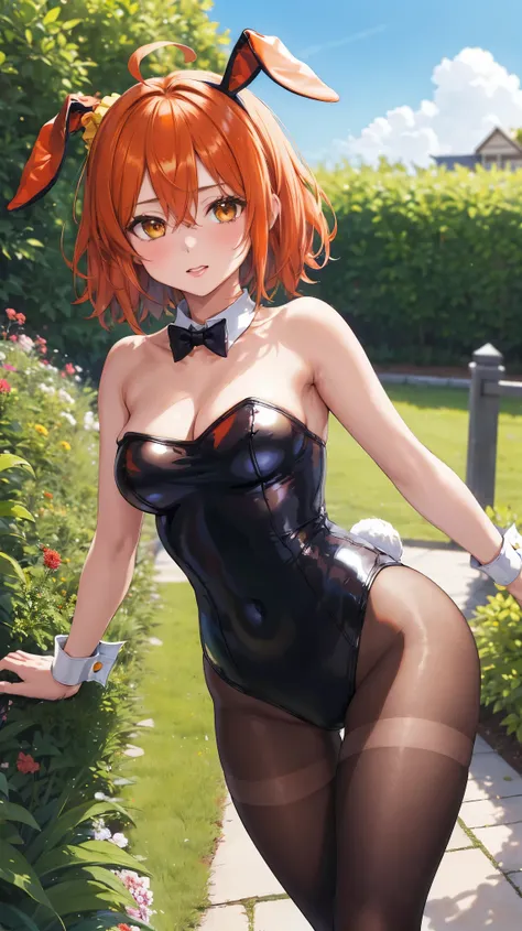 masterpiece, best quality, highres, aaritsuka, fujimaru ritsuka, short hair, ahoge, hair scrunchie, orange scrunchie, medium breasts, bunnygirl, bunny ears, strapless leotard, detached collar, wrist cuffs, pantyhose, garden, makeup, glossy lips