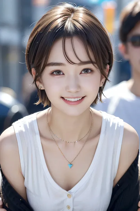 205 ((short hair)), 20-year-old female, In underwear、Put a cardigan over your shoulders、 A refreshing smile、Dark eyeliner、Mask on mouth、Dark brown hair、ear piercing、Necklace around the neck