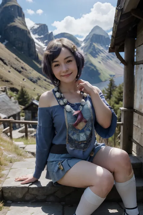 tsitsidev, full - body, sitting, smile, blusher, exteriors, day, simple background, blue skies, short hair, skye, temple, lookin...