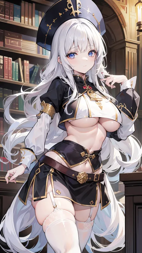 beautiful girl，((Dwarf Female))，White long hair，(curls)，Magician，(Magician长袍)，Black garter stockings，Wizard Hat，In the library，((underboobs))，((Below the breasts))，((Lower breasts))，(Big breasts)