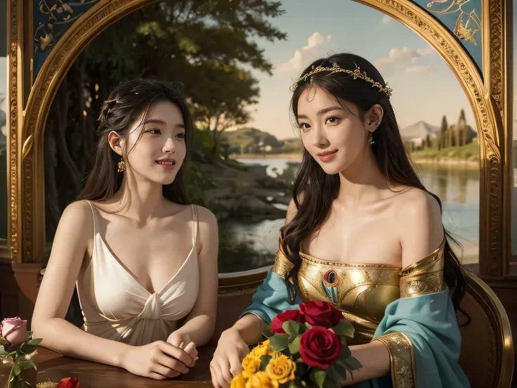 Giorgione painting style,Arguments of two female Philosophe,math、astronomical machine、astronaut、roses in vase、fruits、Cute trinkets、smile、ancient greek costume、Background is a forest lake at night 、Clothes that stretch your shoulders、A big smile、beautiful b...