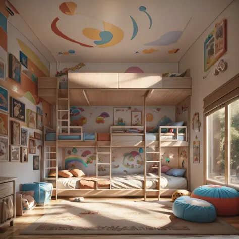 Playful kids bedroom with a rainbow-themed bunk bed, colorful bean bags, a multicolored rug, and vibrant wall decals featuring animals and stars.