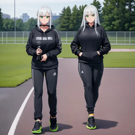 A woman wearing a black adidas sweatshirt, black adidas sports pants, adidas sneakers, walking on an athletics track, silver hair, green eyes, serious face, big breasts, full body.,bokeh effect, atmospheric perspective, 8k , super detail, accurate, best qu...
