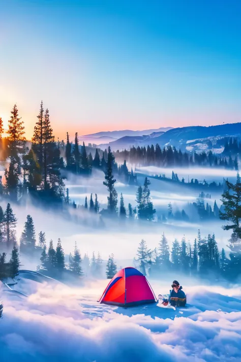 best quality, masterpiece, outdoor camping in a fluffy dream world, on a carpet of pastel-colored clouds, smiling sunshine, irid...