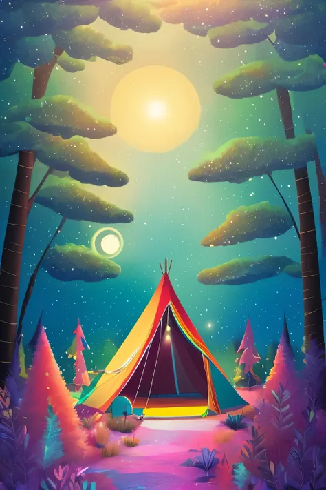 best quality, masterpiece, outdoor camping in a fluffy dream world, on a carpet of pastel-colored clouds, smiling sunshine, irid...