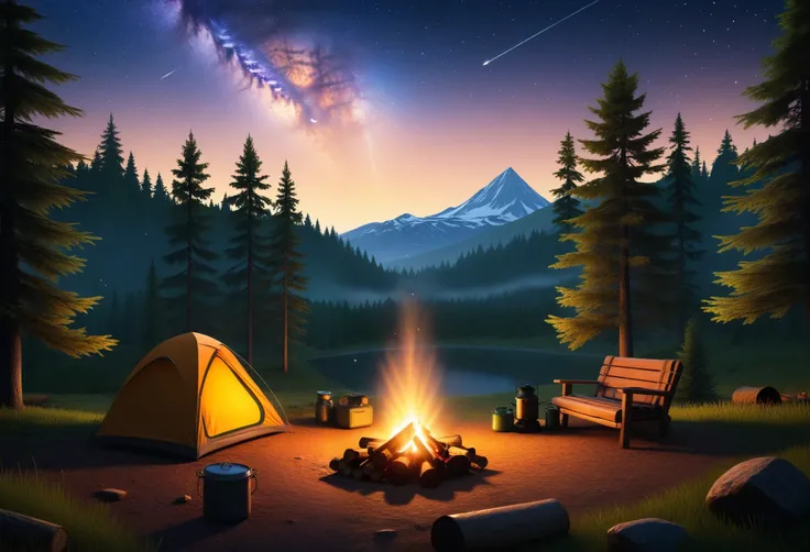 A campsite with a tent pitched under the starry night sky in the forest, surrounded by the glow of a campfire. The scene includes nature exploration with backpacking gear.
Medium: Illustration, realistic.
Additional Details: Greenery surrounding the campsi...