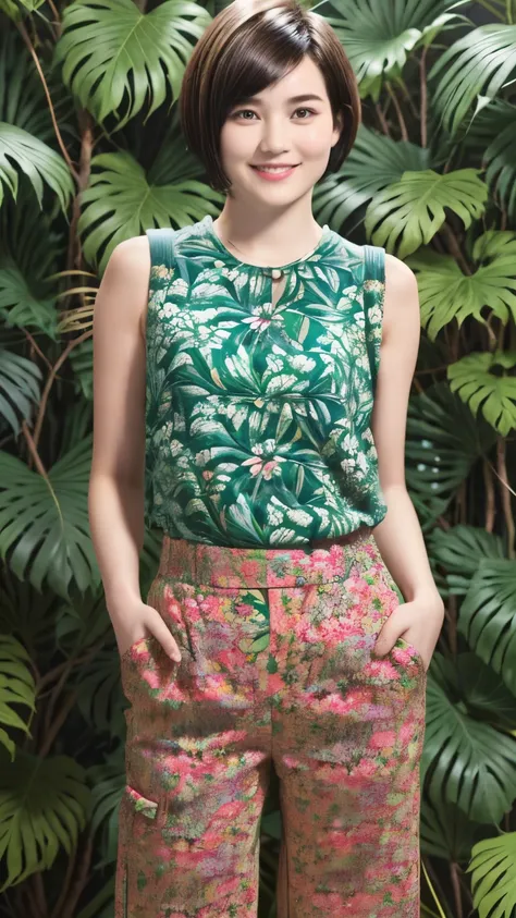 231 (18-year-old female,floral clothes), ((short hair:1.46)), (pants style), (a kind smile), (jungle pattern)