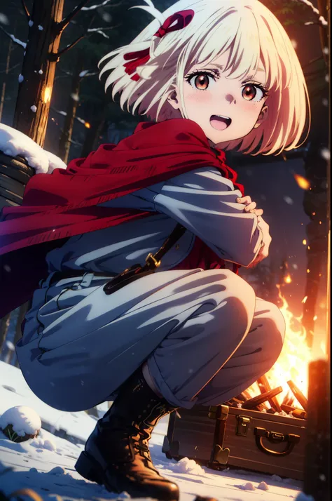 chisatonishikigi, Chisato Nishikigi, short hair, bangs, blonde, (Red eyes:1.5), Hair Ribbon, One side up, Bobcut,smile,blush,happy smile, smile, Open your mouth,
White Breath, Open your mouth,snow, Ground bonfire, Outdoor, boots, snowing, From the side, wo...