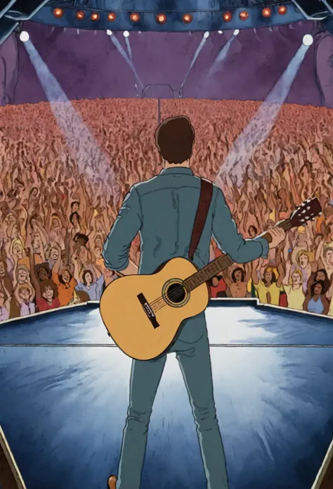 illustration art, ((back view of man holding guitar))), the big stage, many people, (:1.2), (:1.:1.2).