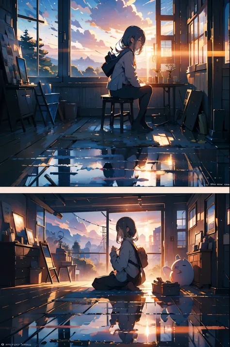 Sunset, window,Sitting, girl, 大きなwindow, windowから海が見える, windowから地平線が見える, 