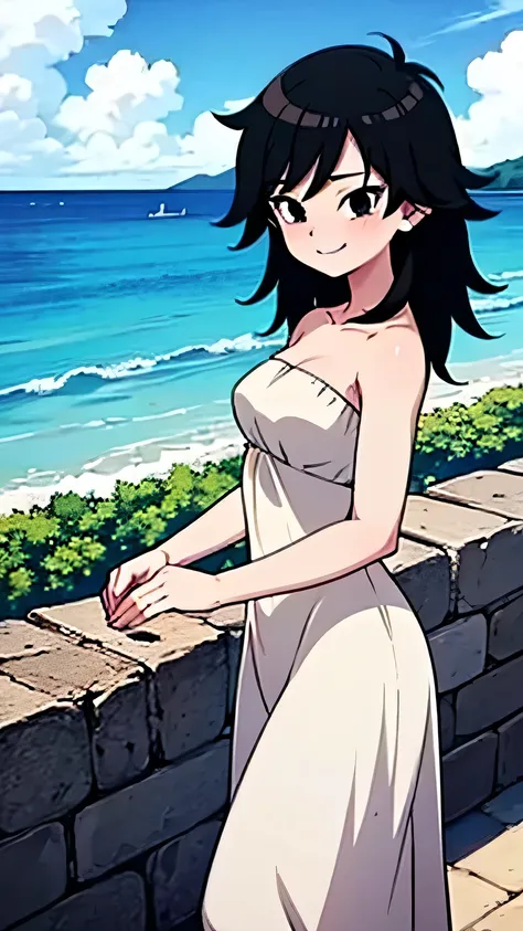 anime screencap, masterpiece, best quality, highres, outdoors, small breasts, gine, spiky black hair, 1 girl, Solo, Black Eyes, Good hands are down, Smile, Blushing, Bare Neck, Bare Shoulders, strapless, White Ruffle Off-the-Shoulder maxi dress. Cowboy sho...