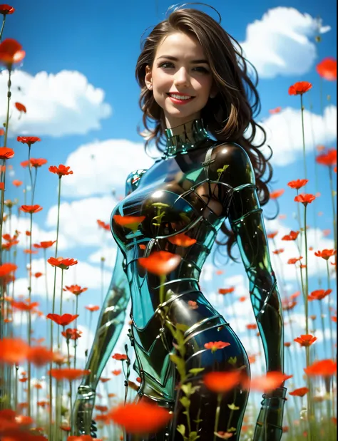 Woman looking at the camera, smile, realistic, long dark hair blown by wind, solo, outdoor, science fiction, blur, realism, clouds, blue sky, chest, lips, ((transparent, transparent, transparent))