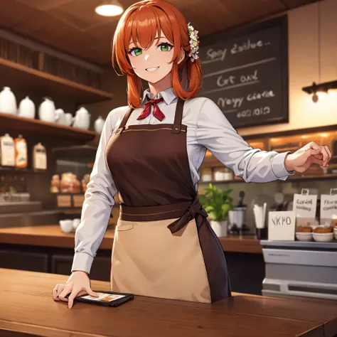 a woman wearing a white shirt with long sleeves, wearing a brown apron, long white skirt, orange red hair, green eyes, smiling, ...