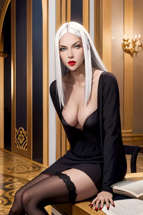 carmilla, pechos medianos, vestido negro, pelo blanco, hermoso rostro, ojos azules, (Obra maestra:1.2), Mejor calidad, absurdos, high resolution, fondo de pantalla extremadamente detallado, perfect lighting, Desde abajo, medias, stockings, tacones, hig hee...