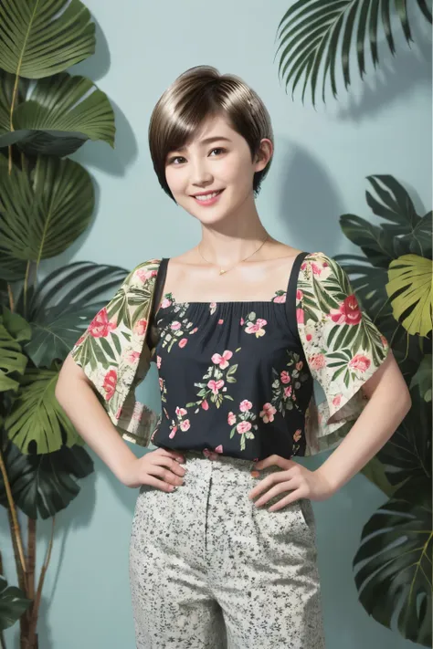 231 (18-year-old female,floral clothes), ((short hair:1.46)), (pants style), (a kind smile), (jungle pattern)