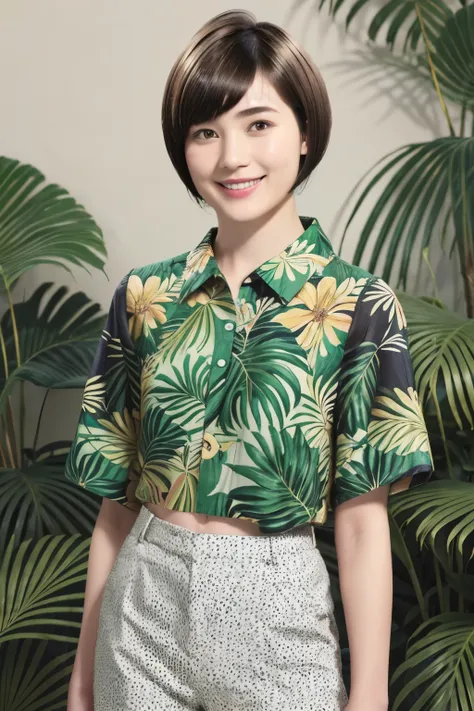 231 (18-year-old female,floral clothes), ((short hair:1.46)), (pants style), (a kind smile), (jungle pattern)