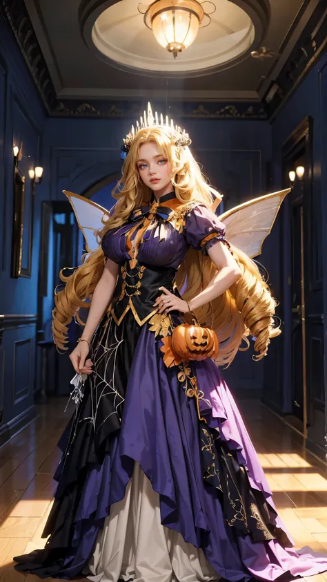 Best quality, masterpiece, ultra high res, raw photo, beautiful and aesthetic, deep shadow, fairy theme,(ultra detailed:1.3),
1girl, standing pose, headdress, drill hair, long hair, blonde hair, gradient hair, yellow eyes, solo, huge breasts, big hair, blu...