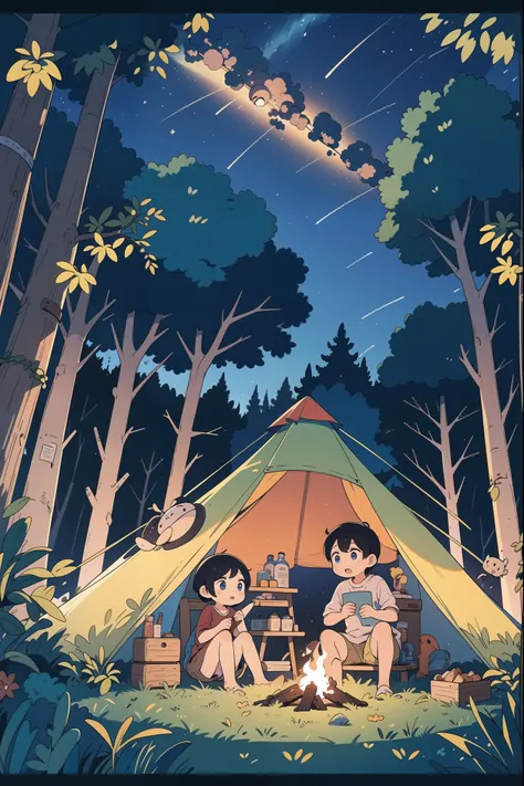 summer,starry sky,camping,tent,fireflies,barbecue,companion,illustration,masterpiece,best quality,