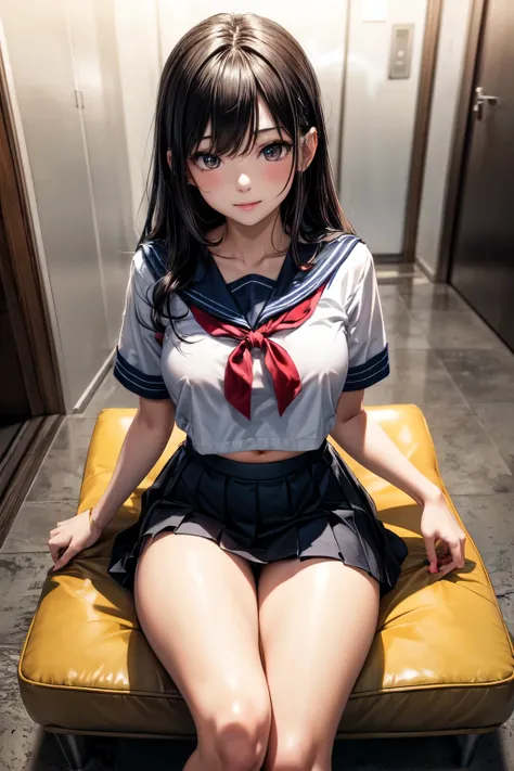 very cute and beautiful girl,(highly detailed beautiful face),
(seductive smile:1.2),blush,shy,looking at viewer,serafuku,pleated navy blue mini skirt,
black hair,sitting on sofa near elevator hall of small hostel,bag on floor,
(best quality,masterpiece),a...