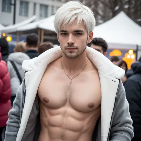 Men, chest, ultra detail, portrait, white short hair, winter, festival