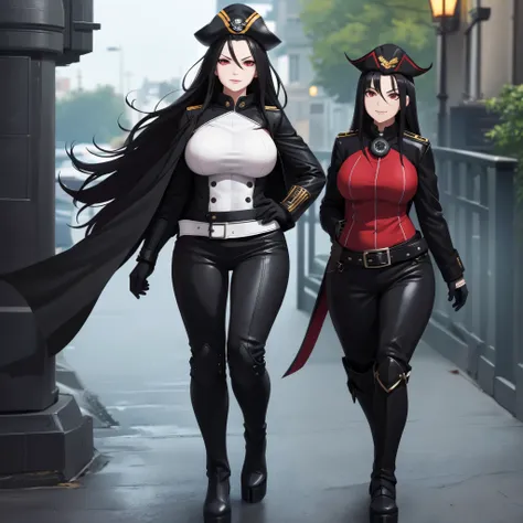 A woman wearing a black pirate captains uniform, wearing a well-detailed black leather jacket, tight black pants, black boots, wearing a Bicorn Hat, long black hair and red eyes, wearing a black cape, smiling, full body, walking on a platform of a naval po...